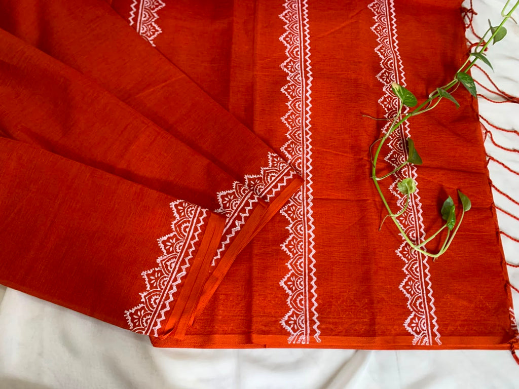 পোড়ামাটি | Orange Cotton Block Print Saree