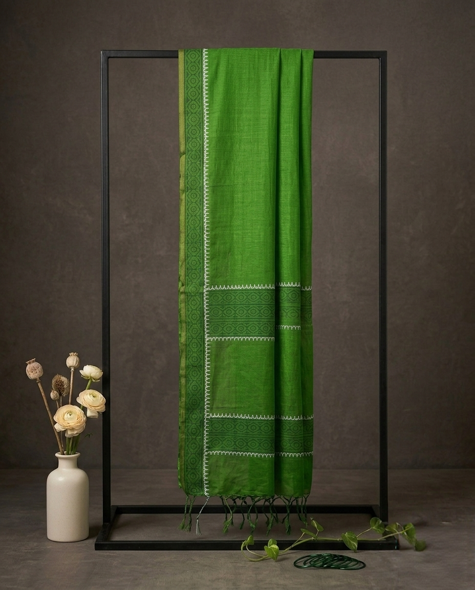 তৃণ (Trino) - Green Cotton Hand Block Print Saree