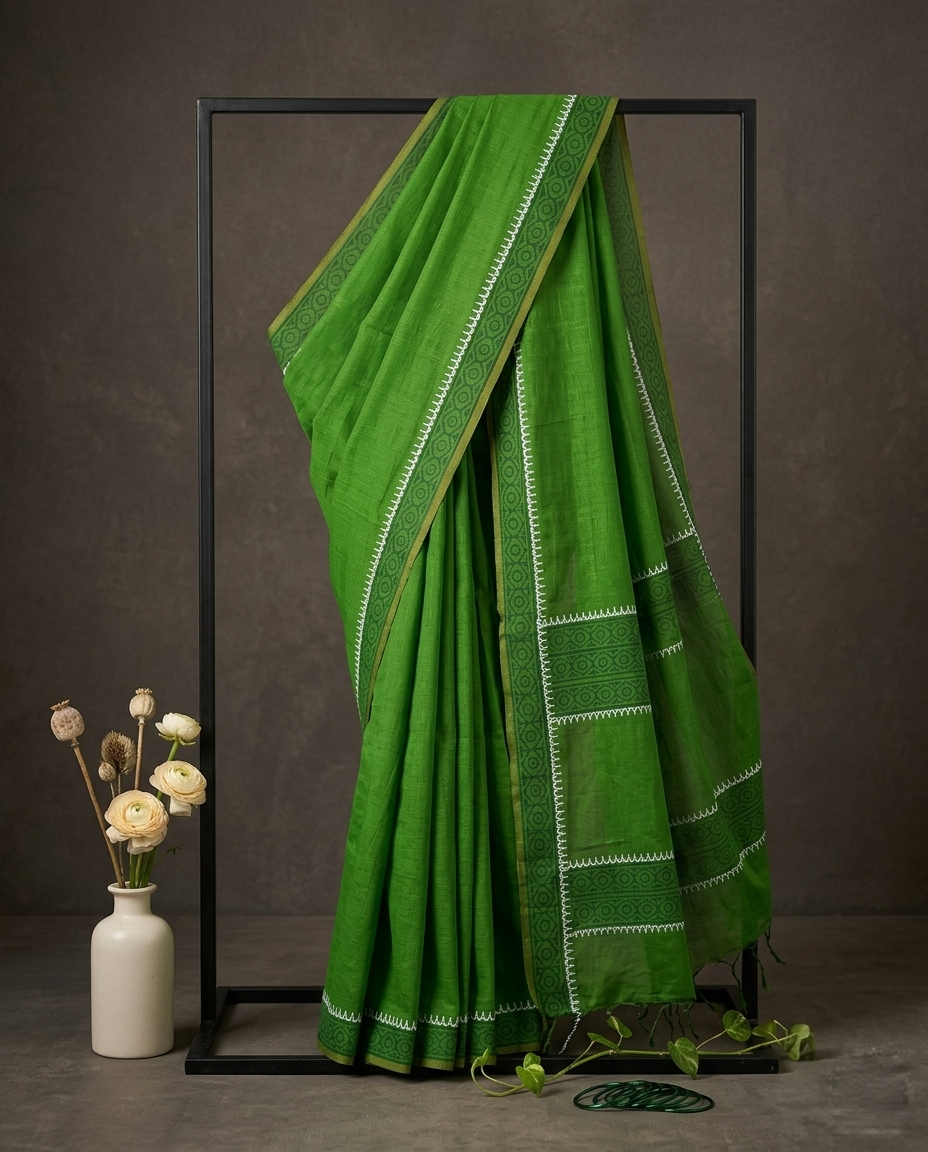 তৃণ (Trino) - Green Cotton Hand Block Print Saree