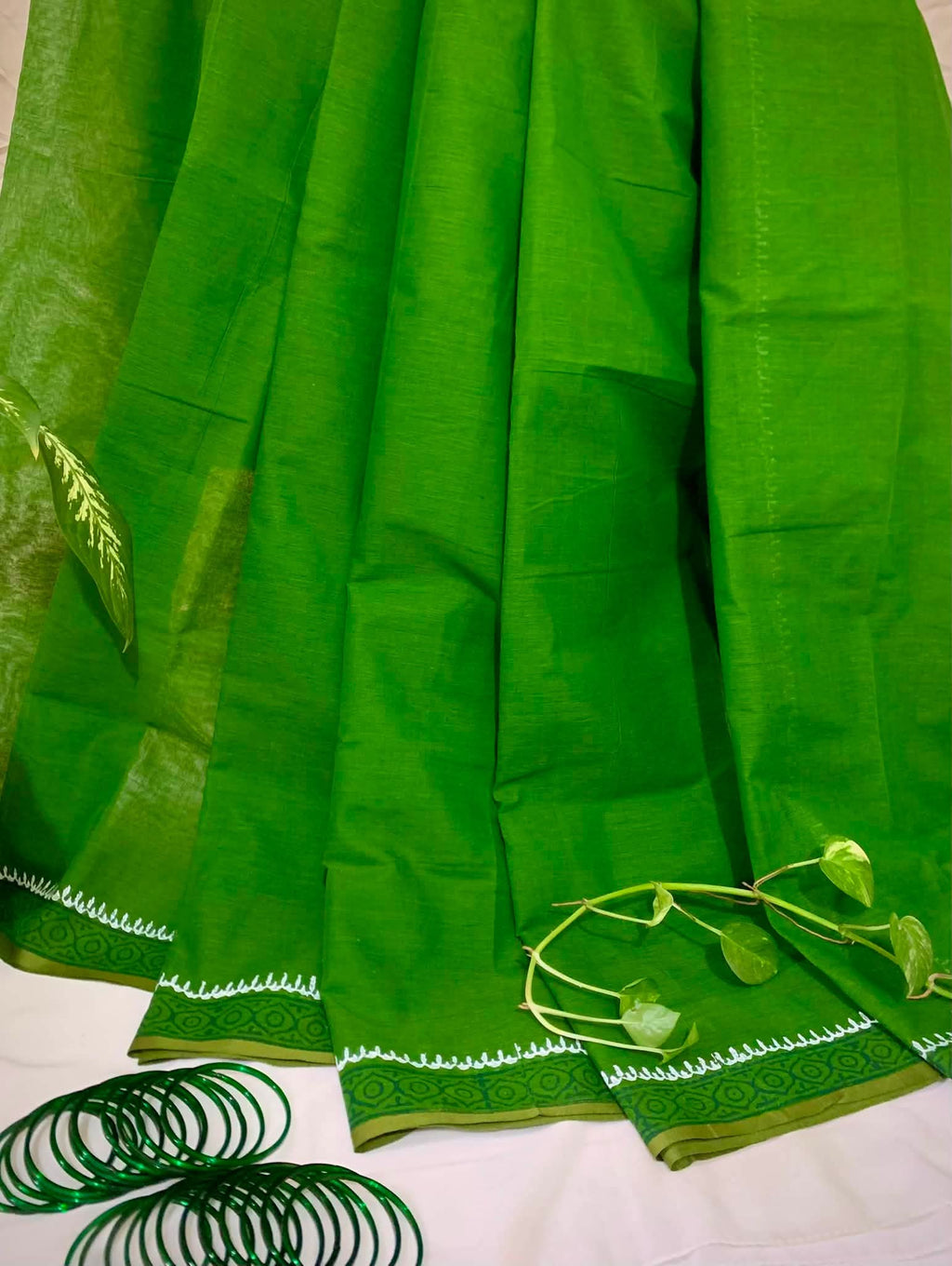 তৃণ (Trino) - Green Cotton Hand Block Print Saree
