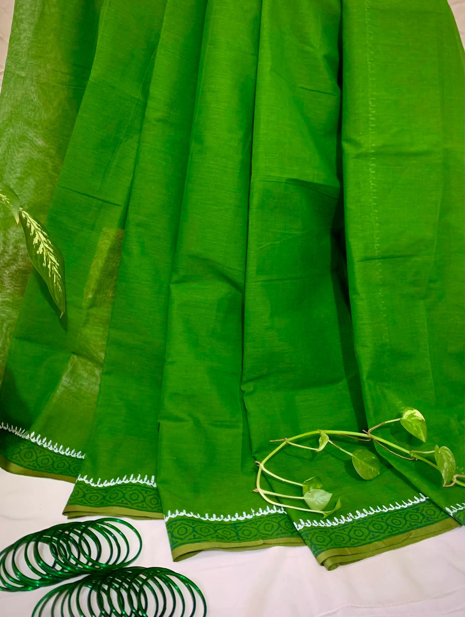 তৃণ (Trino) - Green Cotton Hand Block Print Saree