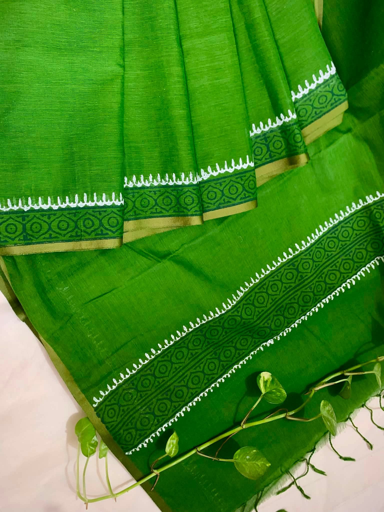 তৃণ (Trino) - Green Cotton Hand Block Print Saree