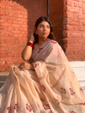 জবা (Joba) – Off White & Red Hand Block Print Cotton Saree | Bunot Saree