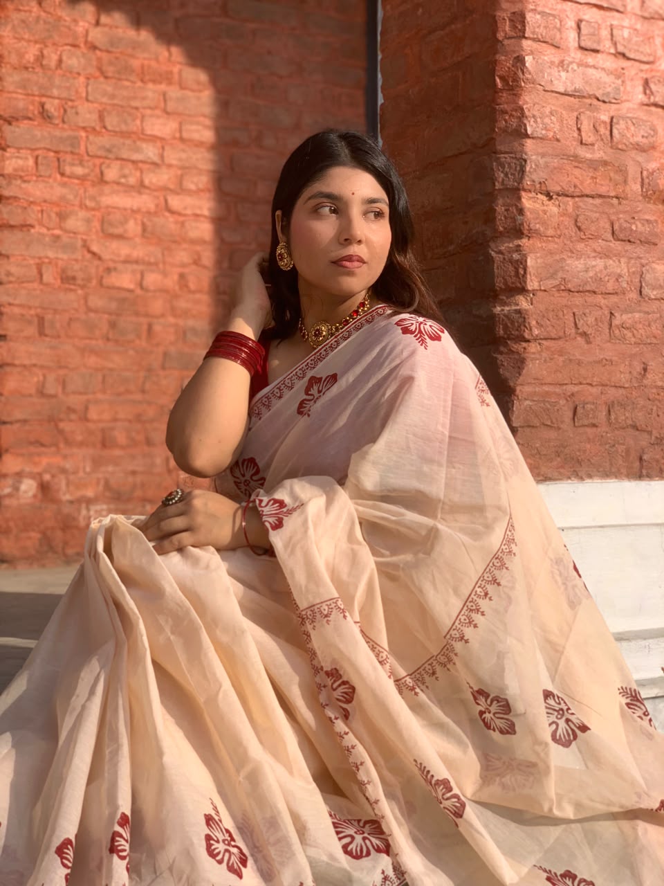 জবা (Joba) – Off White & Red Hand Block Print Cotton Saree | Bunot Saree