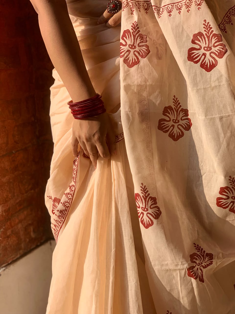 জবা (Joba) – Off White & Red Hand Block Print Cotton Saree | Bunot Saree