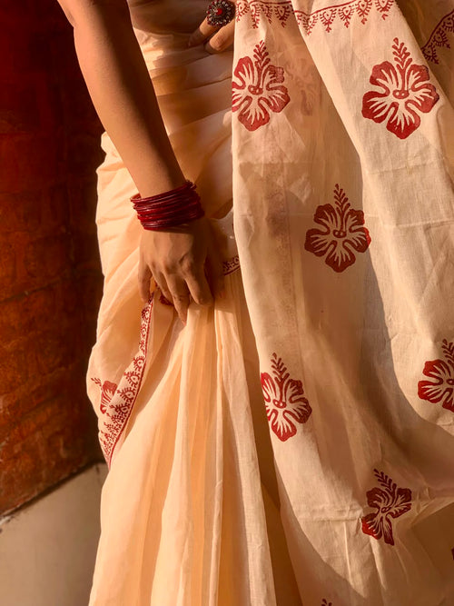 জবা (Joba) – Off White & Red Hand Block Print Cotton Saree | Bunot Saree