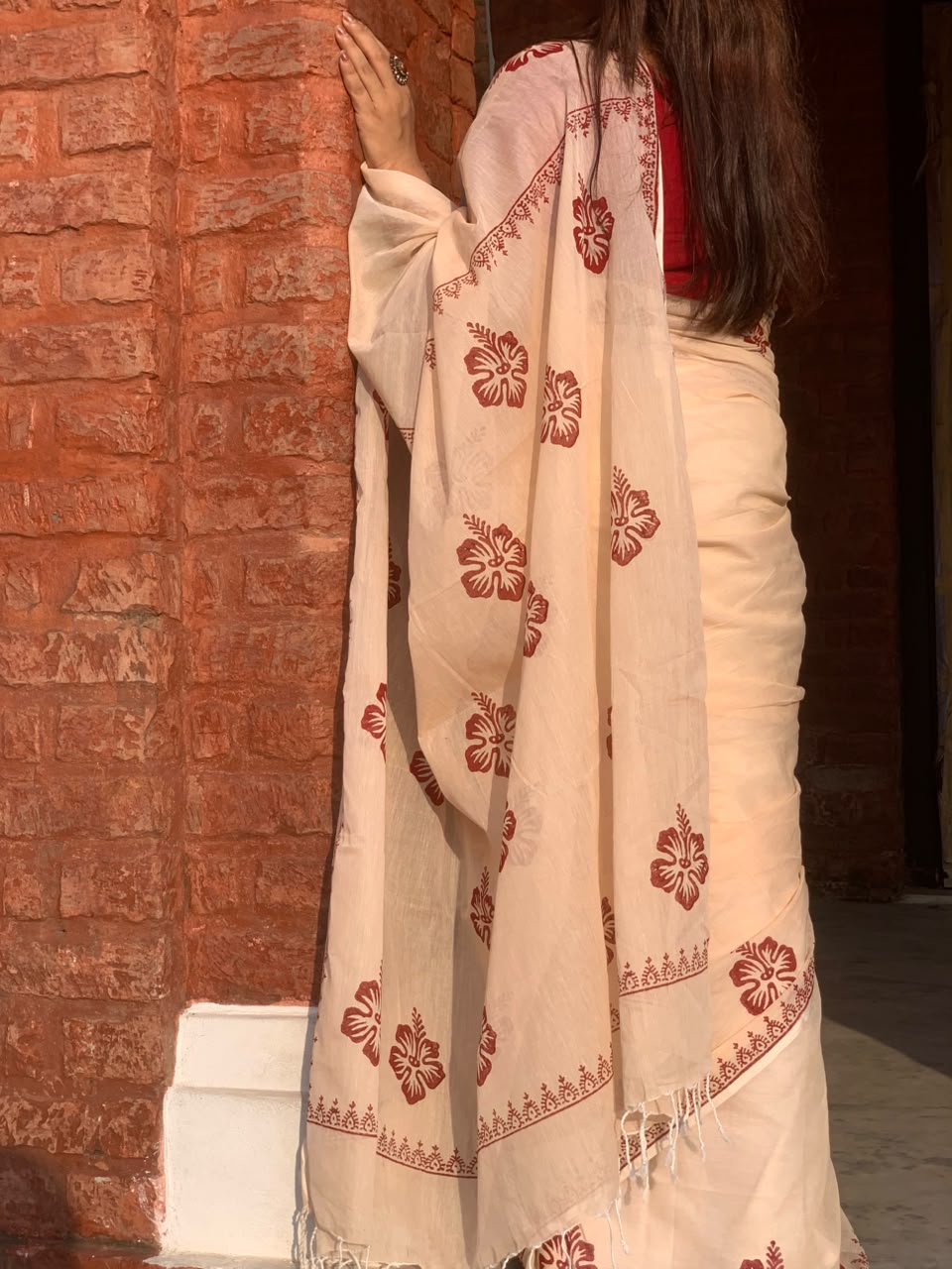 জবা (Joba) – Off White & Red Hand Block Print Cotton Saree | Bunot Saree