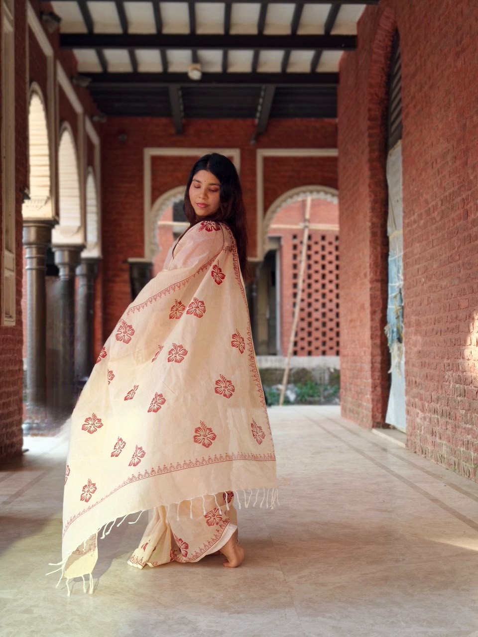 জবা (Joba) – Off White & Red Hand Block Print Cotton Saree | Bunot Saree