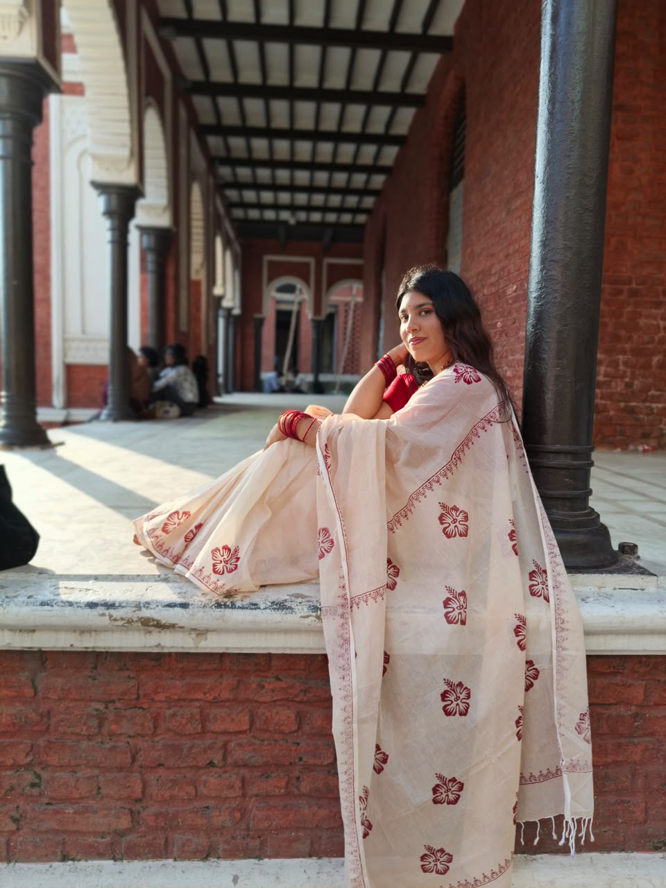 জবা (Joba) – Off White & Red Hand Block Print Cotton Saree | Bunot Saree