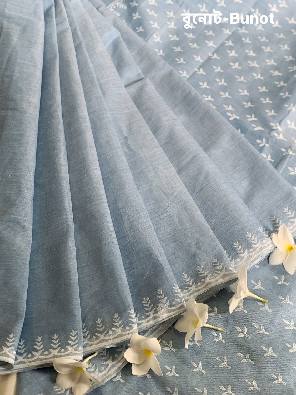 শরৎ (Shorot) — Sky Blue Cotton Hand Block Print Saree