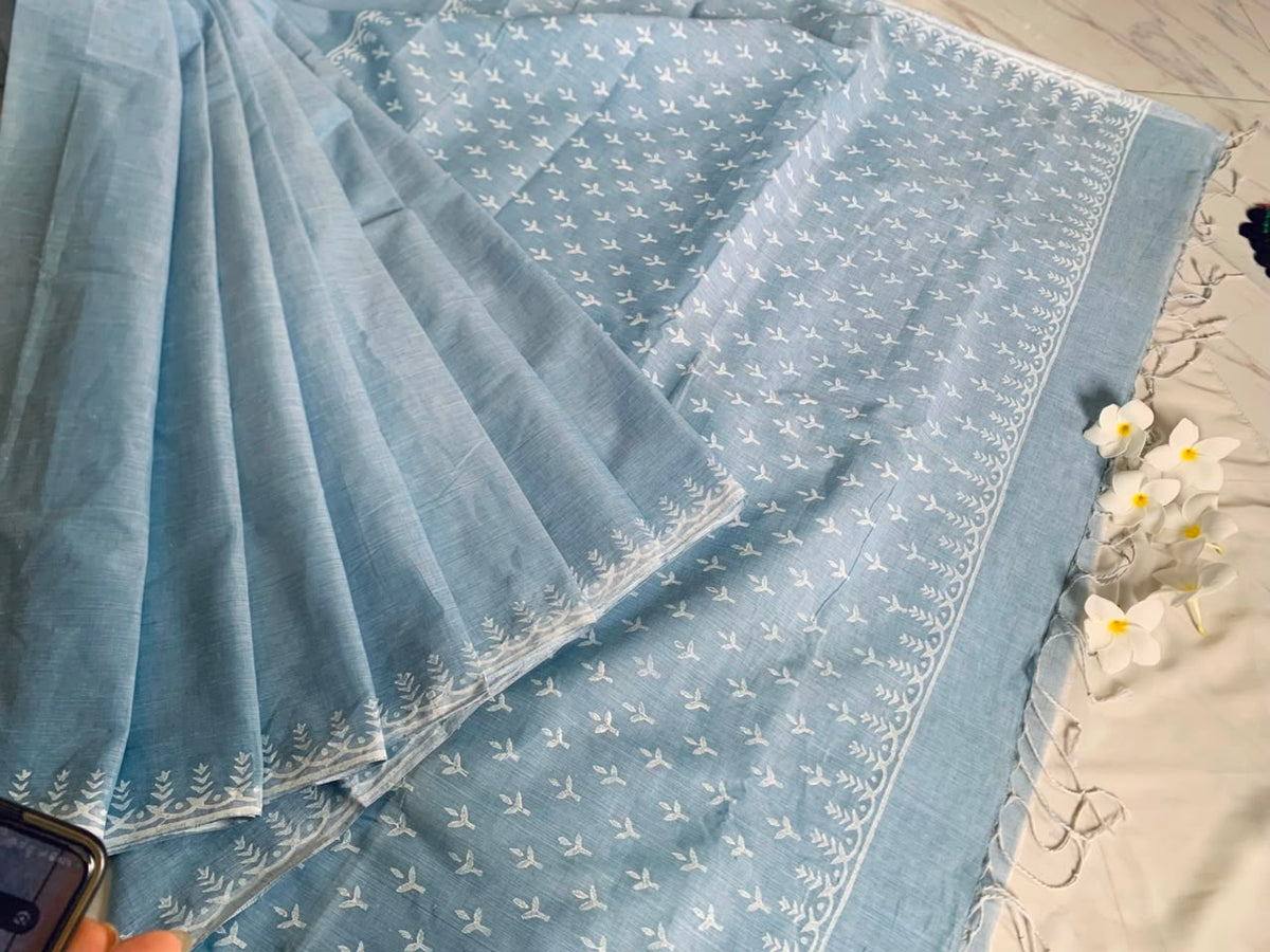 শরৎ (Shorot) — Sky Blue Cotton Hand Block Print Saree